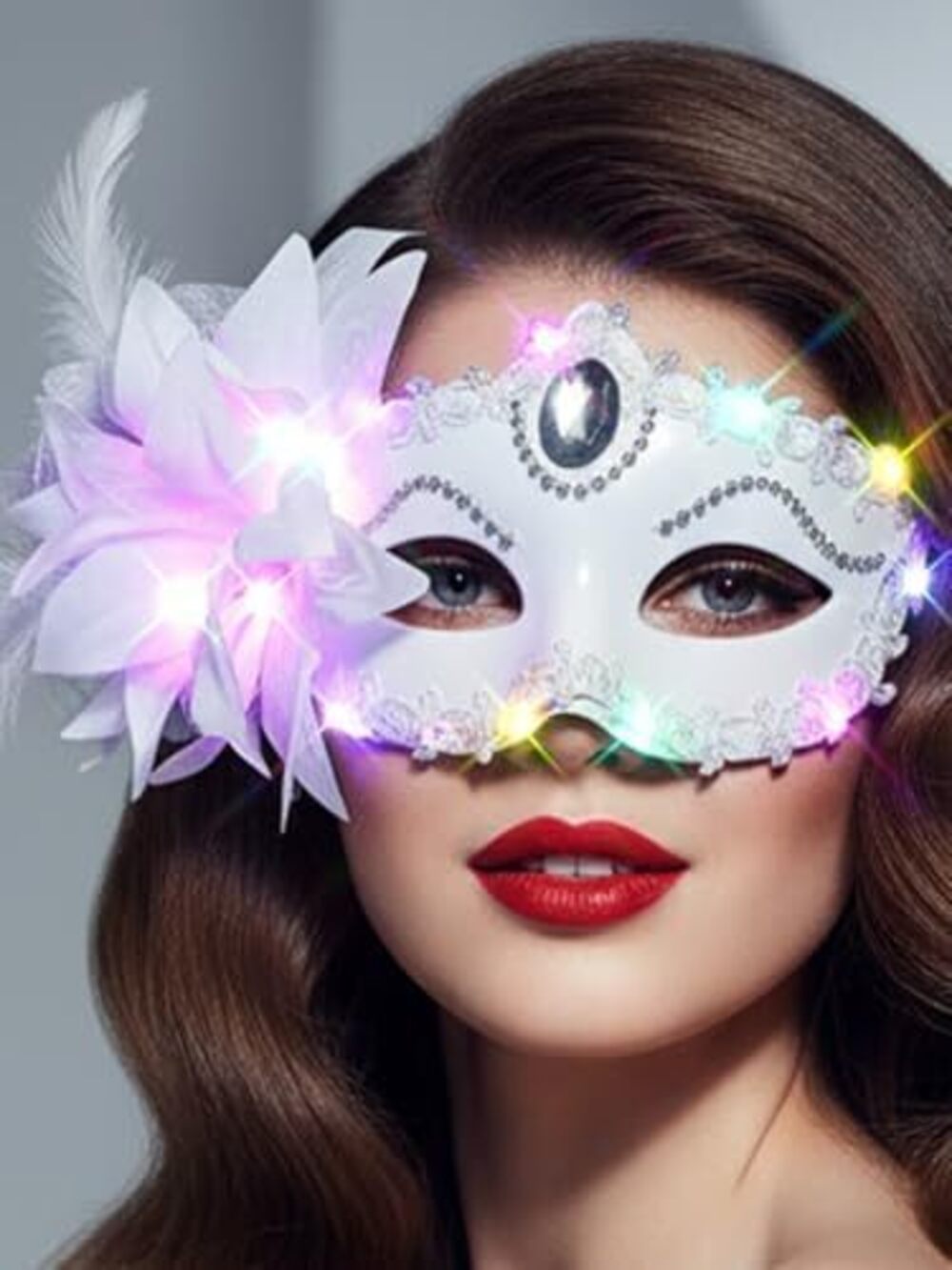 5242 White Light Up Masquerade Mask, Venetian Lace Flower Antifaz, Cosplay